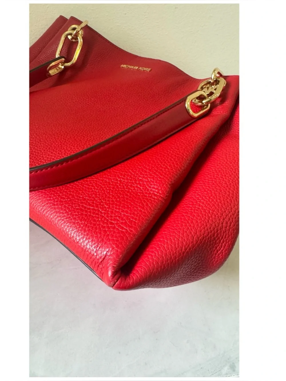Michael Kors Red Pebble Leather Shoulder Tote with Gold Hardware